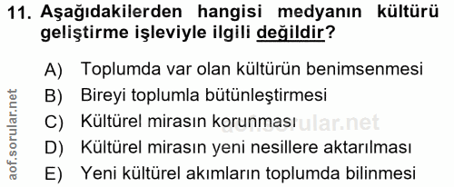 11. soru: Aşağıdakilerden hangisi medyanın kültürü geliştirme işleviyle ilgili değildir? A) Toplumda var olan kültürün benimsen…