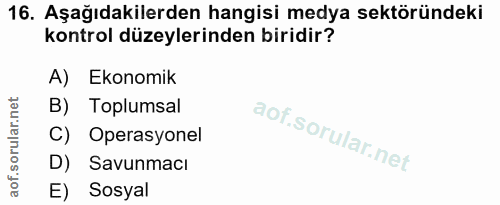 16. soru: Aşağıdakilerden hangisi medya sektöründeki kontrol düzeylerinden biridir? A) Ekonomik B) Toplumsal C) Operasyonel 1 D…
