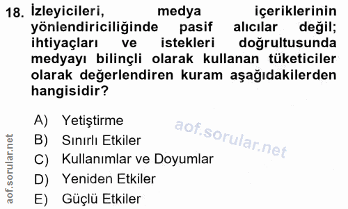 18. soru: İzleyicileri, medya içeriklerinin yönlendiriciliğinde pasif alıcılar değil; ihtiyaçları ve istekleri doğrultusunda me…