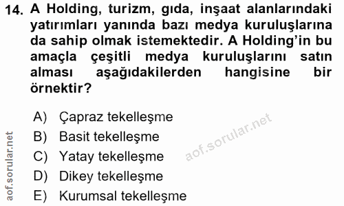 14. soru: A Holding, turizm, gıda, inşaat alanlarındaki yatırımları yanında bazı medya kuruluşlarına da sahip olmak istemektedi…