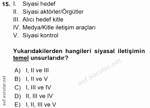 15. soru: I. Siyasi hedef II. Siyasi aktörler/Örgütler III. Alıcı hedef kitle IV. Medya/Kitle iletişim araçları V. Siyasi kontr…