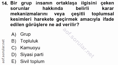 14. soru: Bir grup insanın ortaklaşa ilgisini çeken sorunlar hakkında belirli karar mekanizmalarını veya çeşitli toplumsal kesi…