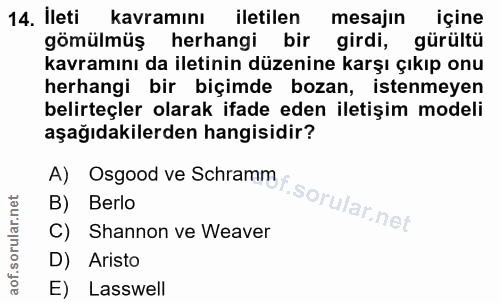 14. soru: Ileti kavramını iletilen mesajin içine gömülmüş herhangi bir girdi, gürültü kavramını da iletinin düzenine karşı çıkı…