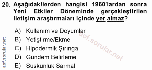 20. soru: Aşağıdakilerden hangisi 1960'lardan sonra Yeni Etkiler Döneminde gerçekleştirilen iletişim araştırmaları içinde yer a…
