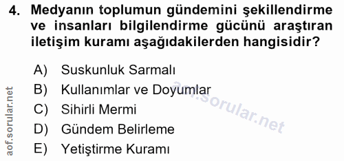 4. soru: Medyanın toplumun gündemini şekillendirme ve insanları bilgilendirme gücünü araştıran iletişim kuramı aşağıdakilerden…