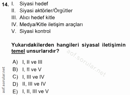 14. soru: 1. Siyasi hedef II. Siyasi aktörler/Örgütler III. Alıcı hedef kitle IV. Medya/Kitle iletişim araçları V. Siyasi kontr…