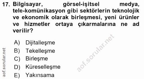 17. soru: Bilgisayar, görsel-işitsel medya, telekomünikasyon gibi sektörlerin teknolojik ve ekonomik olarak birleşmesi, yeni ür…