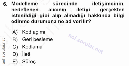 6. soru: Modelleme sürecinde iletişimcinin, hedeflenen alıcının iletiyi gerçekten istenildiği gibi alıp almadığı hakkında bilg…