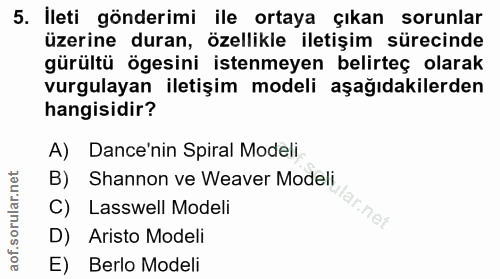 5. soru: ileti gönderimi ile ortaya çıkan sorunlar üzerine duran, özellikle iletişim sürecinde gürültü ögesini istenmeyen beli…
