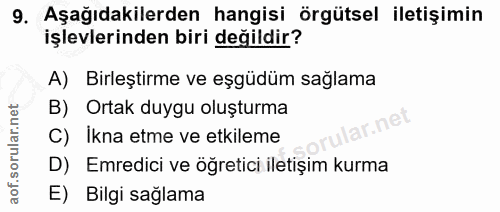 9. soru: Aşağıdakilerden hangisi örgütsel iletişimin işlevlerinden biri değildir? A) Birleştirme ve eşgüdüm sağlama B) Ortak d…