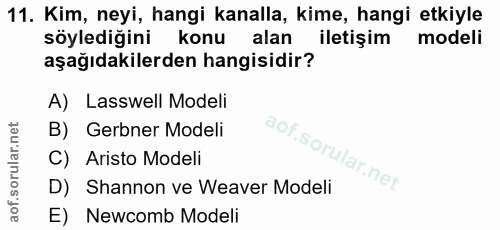 11. soru: Kim, neyi, hangi kanalla, kime, hangi etkiyle söylediğini konu alan iletişim modeli aşağıdakilerden hangisidir? A) La…