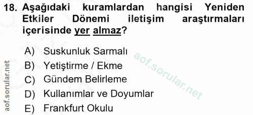 18. soru: Aşağıdaki kuramlardan hangisi Yeniden Etkiler Dönemi iletişim araştırmaları içerisinde yer almaz? A) Suskunluk Sarmal…
