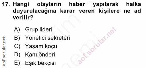 17. soru: Hangi olayların haber yapılarak halka duyurulacağına karar veren kişilere ne ad verilir? A) Grup lideri B) Yönetici s…