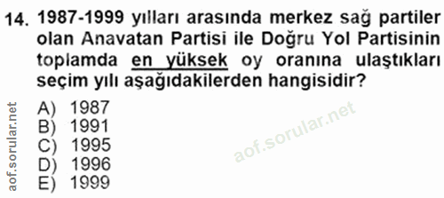 14. soru: 1987-1999 yılları arasında merkez sağ partiler olan Anavatan Partisi ile Doğru Yol Partisinin toplamda en yüksek oy o…