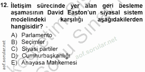 12. soru: İletişim sürecinde yer alan geri besleme 12. İletişim aşamasının David Eston'un siyasal sistem modelindeki karşılığı…