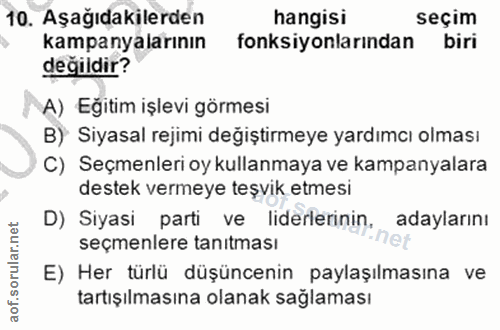 10. soru: Aşağıdakilerden hangisi seçim kampanyalarının fonksiyonlarından biri değildir? A) Eğitim işlevi görmesi B) Siyasal re…