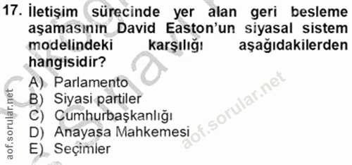 17. soru: İletişim sürecinde yer alan geri besleme aşamasının_ David Eston'un siyasal sistem modelindeki karşılığı aşağıdakiler…