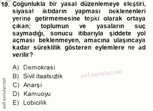19. soru: Çoğunlukla bir yasal düzenlemeye eleştiri, siyasal iktidarın yapması beklenenleri yerine getirmemesine tepki olarak o…