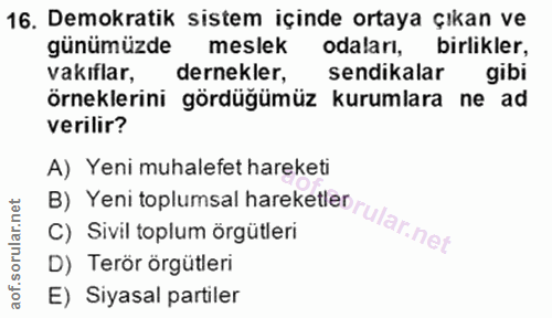 16. soru: Demokratik sistem içinde ortaya çıkan ve günümüzde meslek odaları, birlikler, vakıflar, dernekler, sendikalar gibi ör…