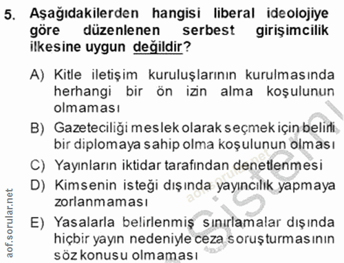 5. soru: Aşağıdakilerden hangisi liberal ideolojiye göre düzenlenen serbest girişimcilik ilkesine uygun değildir? A) Kitle ile…