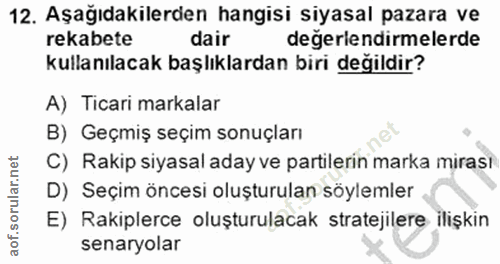 12. soru: Aşağıdakilerden hangisi siyasal pazara ve rekabete dair değerlendirmelerde kullanılacak başlıklardan biri değildir? A…