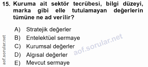 15. soru: Kuruma ait sektör tecrübesi, bilgi düzeyi, marka gibi elle tutulamayan değerlerin tümüne ne ad verilir? A) Stratejik…
