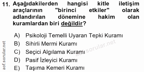11. soru: Aşağıdakilerden hangisi kitle iletişim araçlarının "birinci etkiler" olarak adlandırılan dönemine hakim olan kuramlar…