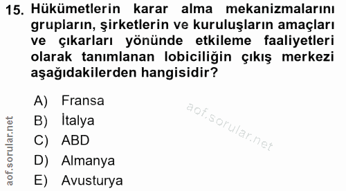 15. soru: Hükümetlerin karar alma mekanizmalarını grupların, şirketlerin ve kuruluşların amaçları ve çıkarları yönünde etkileme…