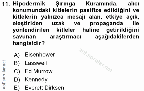 11. soru: Hipodermik Şırınga Kuramında, alıcı konumundaki kitlelerin pasifize edildiğini ve kitlelerin yalnızca mesajı alan, et…