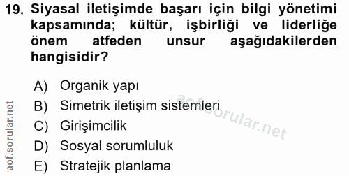 19. soru: Siyasal iletişimde başarı için bilgi yönetimi kapsamında; kültür, işbirliği ve liderliğe önem atfeden unsur aşağıdaki…