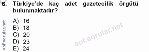 6. soru: Türkiye'de kaç adet gazetecilik örgütü bulunmaktadır? A) 16 B) 18 C) 20 D) 23 E) 24