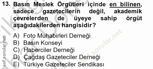 13. soru: Basın Meslek Örgütleri içinde en bilinen, sadece gazetecilerin değil, akademik çevrelerden de üyeye sahip örgüt aşağı…