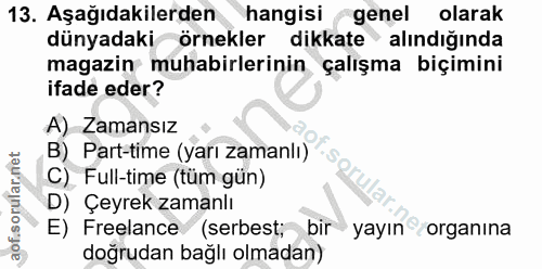 13. soru: Aşağıdakilerden hangisi (genel olarak dünyadaki örnekler dikkate alındığında magazin muhabirlerinin çalışma biçimini…