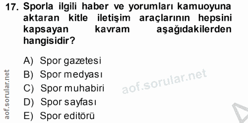 17. soru: Sporla ilgili haber ve yorumları kamuoyuna aktaran kitle iletişim araçlarının hepsini kapsayan kavram aşağıdakilerden…