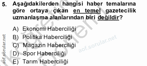 5. soru: Aşağıdakilerden hangisi haber temalarına göre ortaya çıkan en temel gazetecilik uzmanlaşma alanlarından biri değildir…