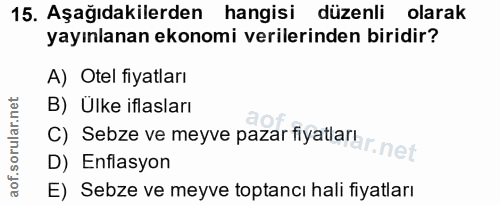 15. soru: Aşağıdakilerden hangisi düzenli olarak yayınlanan ekonomi verilerinden biridir? A) Otel fiyatları B) Ülke iflasları D…