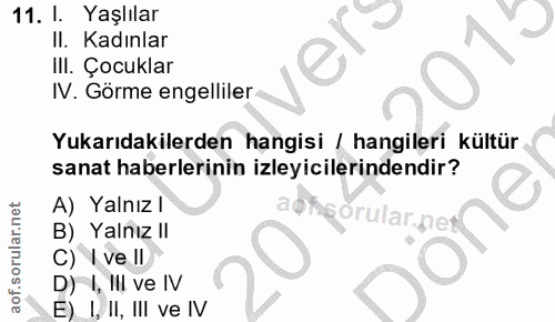 11. soru: 1. Yaşlılar II. Kadınlar vers III. Çocuklar IV. Görme engelliler Yukarıdakilerden hangisi / hangileri kültür sanat ha…