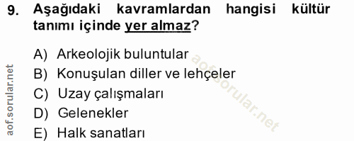 9. soru: Aşağıdaki kavramlardan hangisi kültür tanımı içinde yer almaz? A) Arkeolojik buluntular B) Konuşulan diller ve lehçel…
