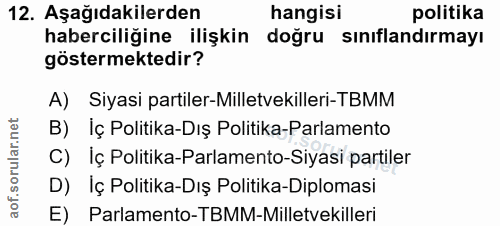 12. soru: Aşağıdakilerden hangisi politika haberciliğine ilişkin doğru sınıflandırmayı göstermektedir? A) Siyasi partiler-Mille…