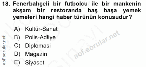 18. soru: Fenerbahçeli bir futbolcu ile bir mankenin akşam bir restoranda baş başa yemek yemeleri hangi haber türünün konusudur…