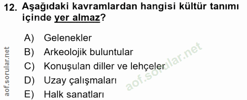 12. soru: Aşağıdaki kavramlardan hangisi kültür tanımı içinde yer almaz? A) Gelenekler B) Arkeolojik buluntular c) Konuşulan di…