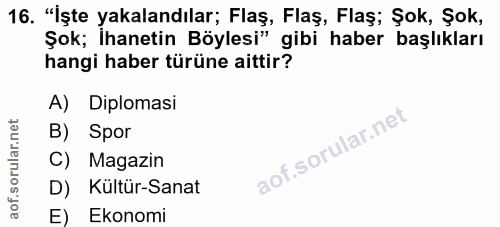 16. soru: "Işte yakalandılar; Flaş, Flaş, Flaş; Şok, Şok, Sok; hanetin Böylesi" gibi haber başlıkları hangi haber türüne aittir…