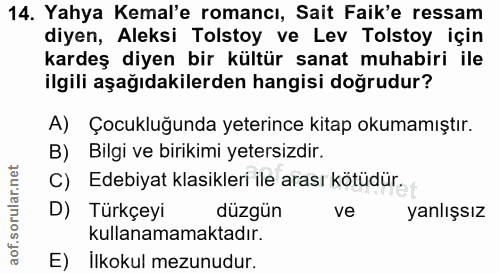 14. soru: Yahya Kemal'e romancı, Sait Faik'e ressam diyen, Aleksi Tolstoy ve Lev Tolstoy için kardeş diyen bir kültür sanat muh…