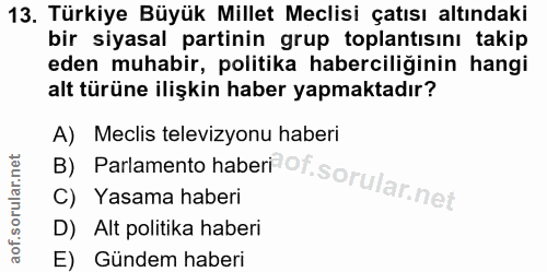 13. soru: Türkiye Büyük Millet Meclisi çatısı altındaki bir siyasal partinin grup toplantısını takip eden muhabir, politika hab…