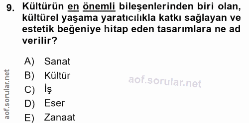 9. soru: Kültürün en önemli bileşenlerinden biri olan, kültürel yaşama yaratıcılıkla katkı sağlayan ve estetik beğeniye hitap…