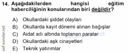 14. soru: Aşağıdakilerden hangisi eğitim haberciliğinin konularından biri değildir? A) Okullardaki şiddet olayları Okullarda ka…