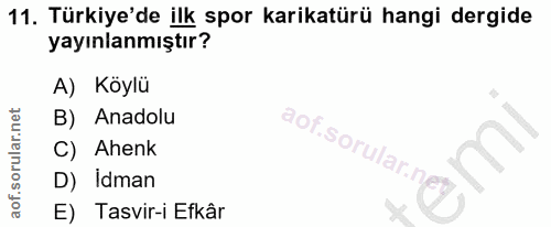 11. soru: Türkiye'de ilk spor karikatürü hangi dergide yayınlanmıştır? A) Köylü B) Anadolu aof.sorular.n C) Ahenk D) Idman E) T…