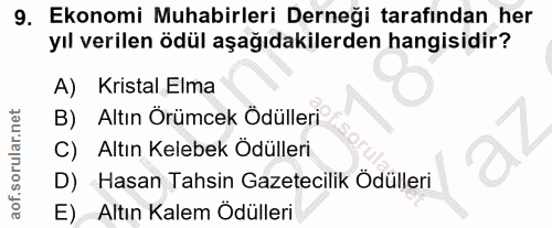 9. soru: Ekonomi Muhabirleri Derneği tarafından her yıl verilen ödül aşağıdakilerden hangisidir? A) Kristal Elma Altın Örümcek…