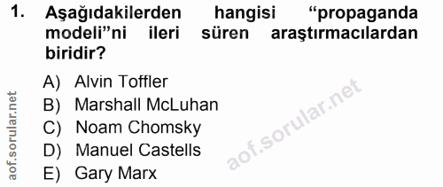 1. soru: Aşağıdakilerden hangisi "propaganda modeli"ni ileri süren araştırmacılardan biridir? A) Alvin Toffler B) Marshall McL…