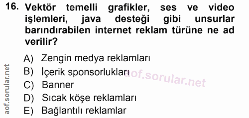 16. soru: Vektör temelli grafikler, ses ve video işlemleri, java desteği gibi unsurlar barındırabilen internet reklam türüne ne…